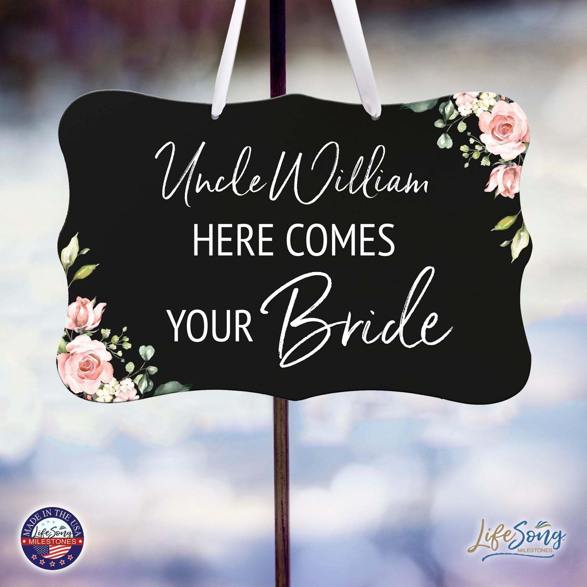 Custom Wedding Wall Hanging Signs For Ceremony And Reception For Couple - Here Comes the Bride (Flower) - LifeSong Milestones