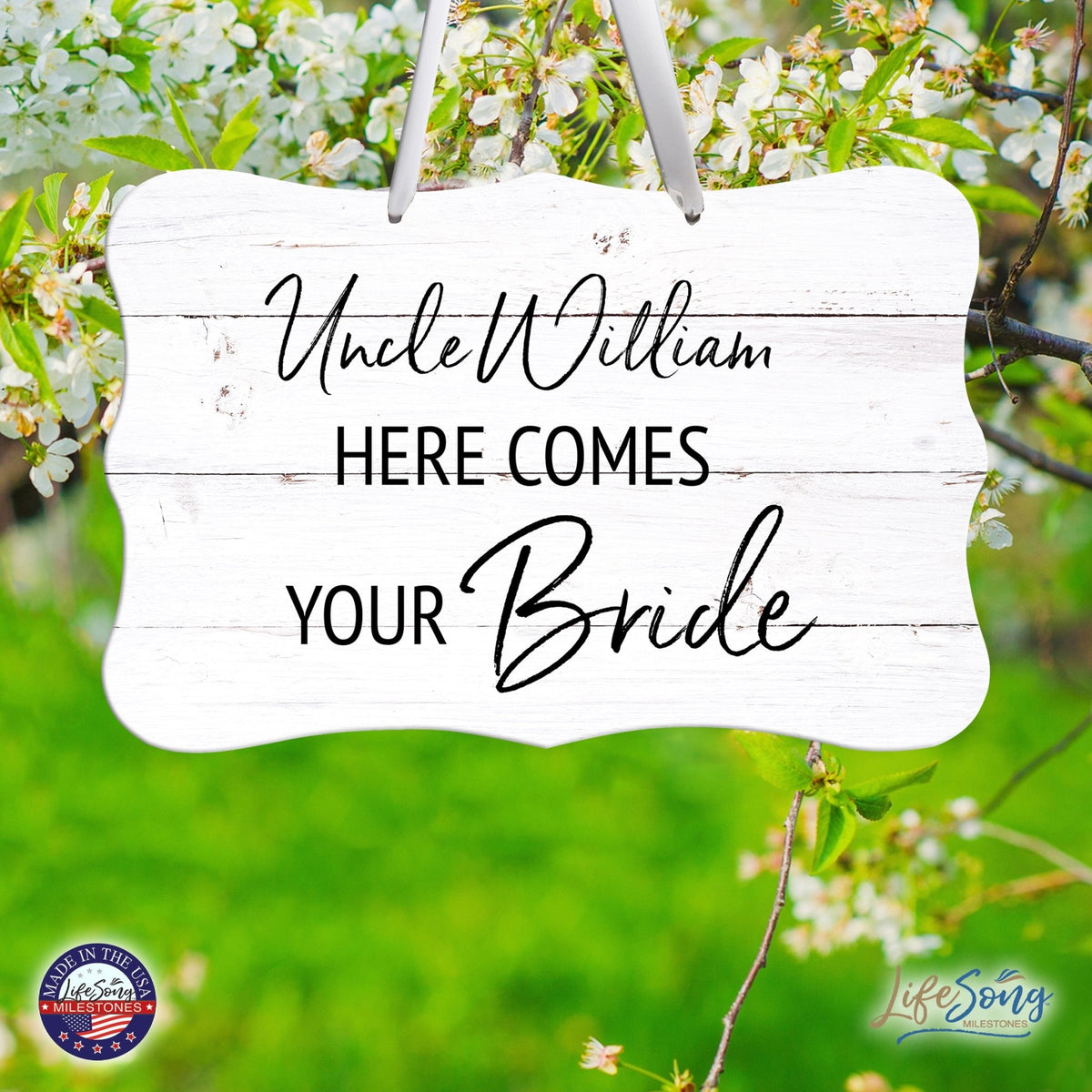Custom Wedding Wall Hanging Signs For Ceremony And Reception For Couple - Here Comes the Bride (Flower) - LifeSong Milestones