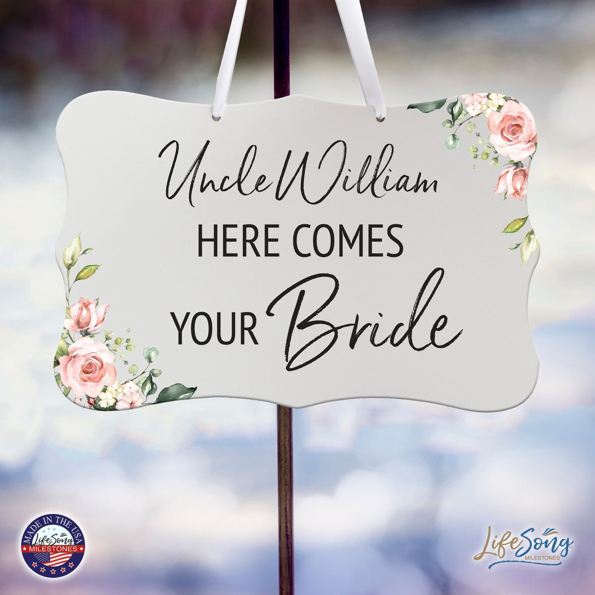Custom Wedding Wall Hanging Signs For Ceremony And Reception For Couple - Here Comes the Bride (Flower) - LifeSong Milestones