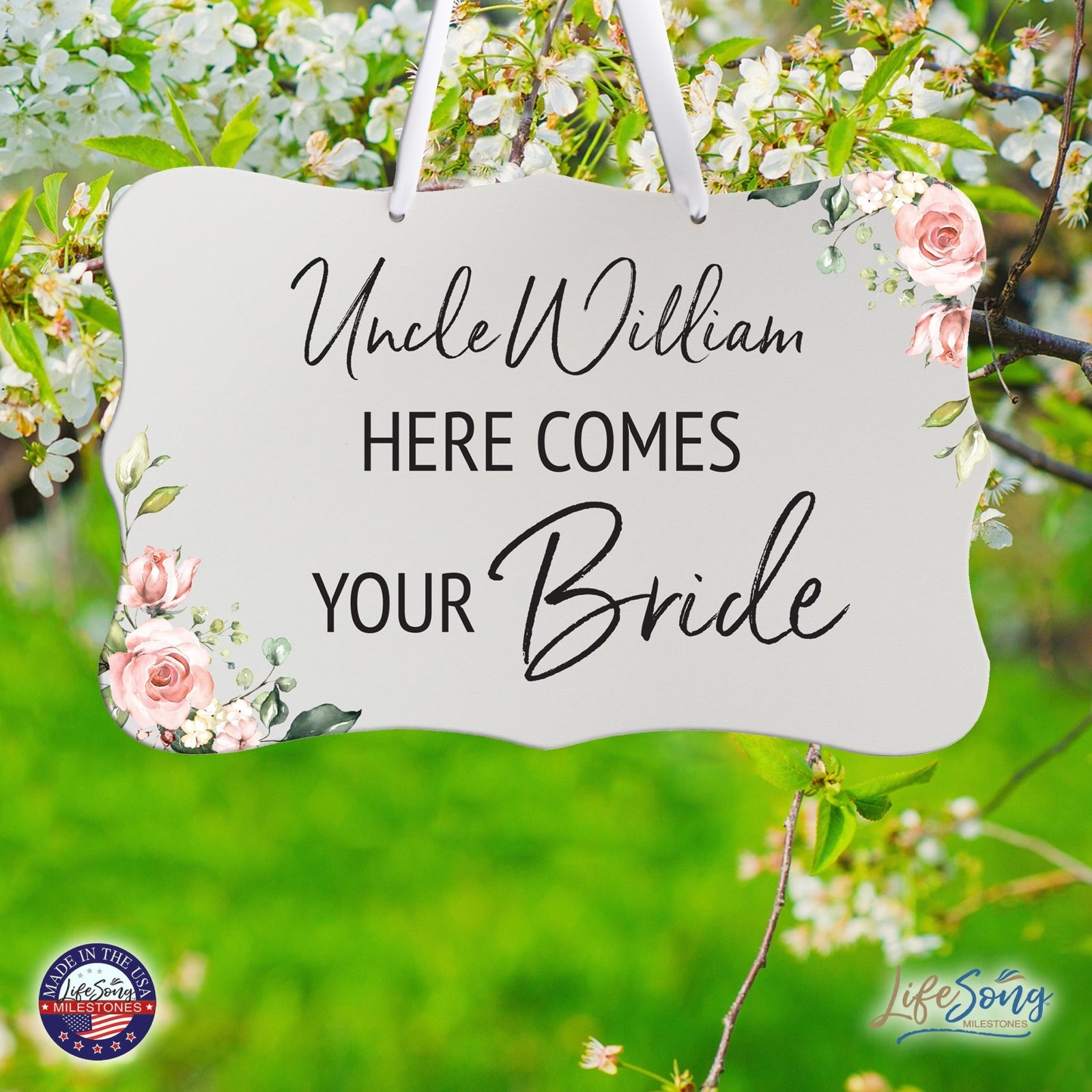 Custom Wedding Wall Hanging Signs For Ceremony And Reception For Couple - Here Comes the Bride (Flower) - LifeSong Milestones