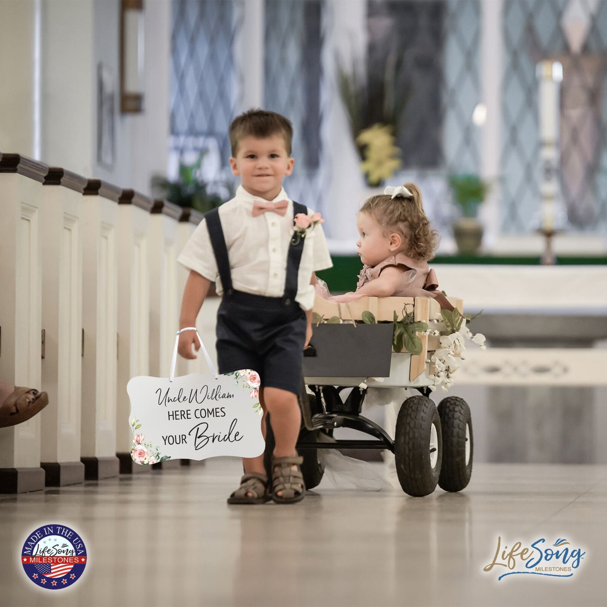 Custom Wedding Wall Hanging Signs For Ceremony And Reception For Couple - Here Comes the Bride (Flower) - LifeSong Milestones