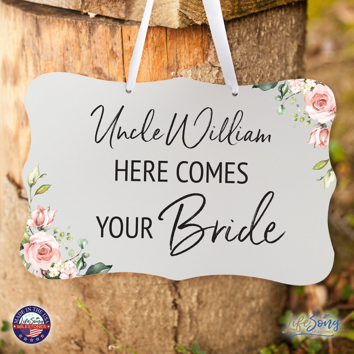 Custom Wedding Wall Hanging Signs For Ceremony And Reception For Couple - Here Comes the Bride (Flower) - LifeSong Milestones