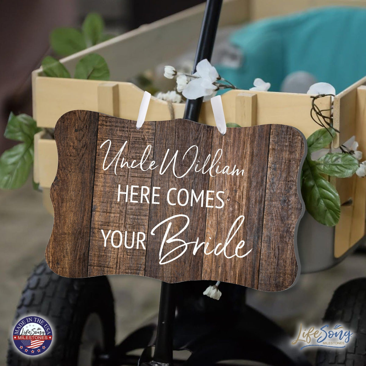 Custom Wedding Wall Hanging Signs For Ceremony And Reception For Couple - Here Comes the Bride (Flower) - LifeSong Milestones