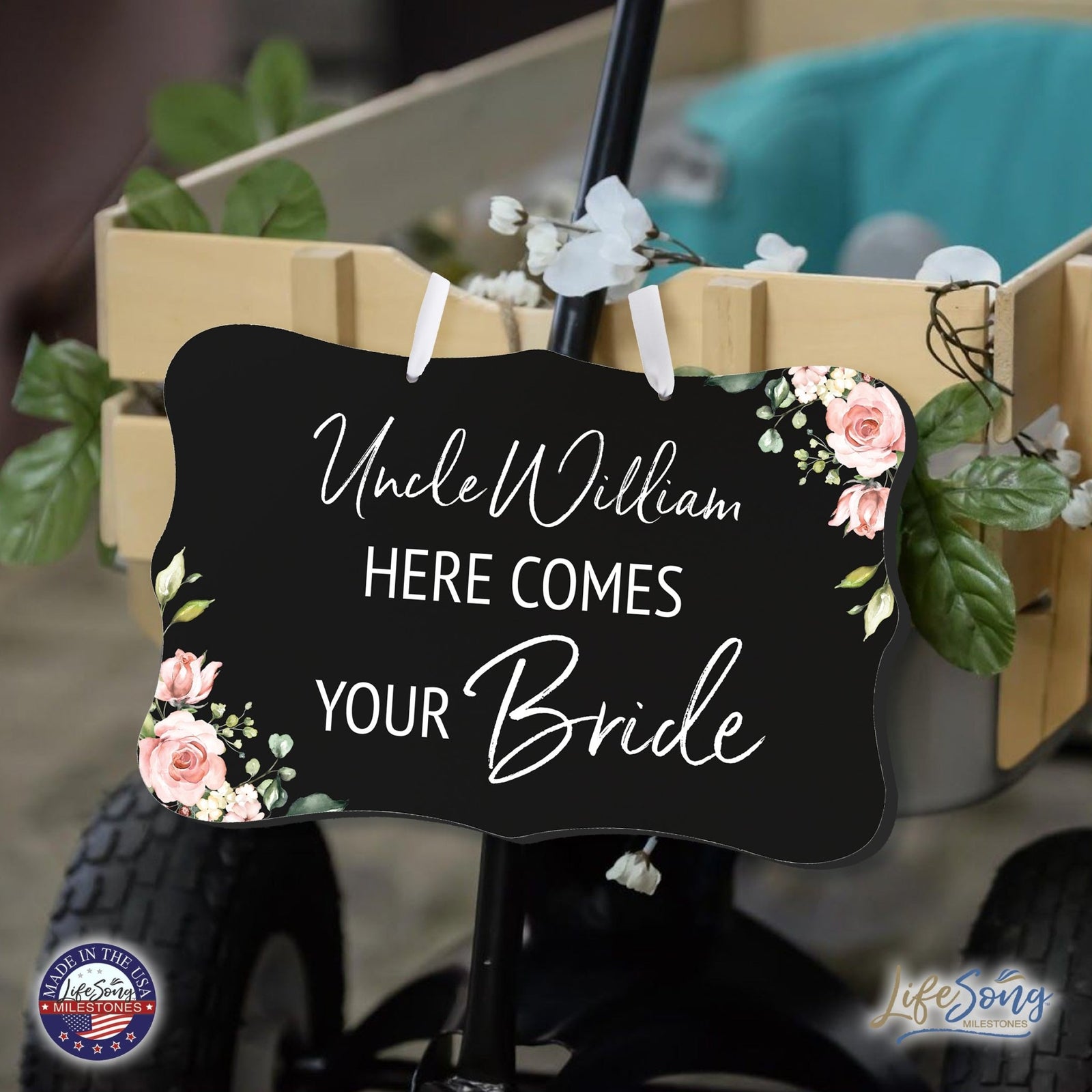 Custom Wedding Wall Hanging Signs For Ceremony And Reception For Couple - Here Comes the Bride (Flower) - LifeSong Milestones