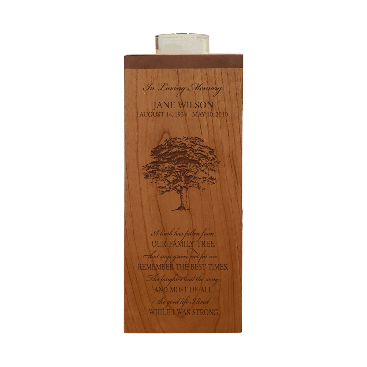 Custom Wooden Candle Holder Cremation Urn Box for Human Ashes Single Votive Holds 70 Cu Inches – A Limb Has Fallen - LifeSong Milestones