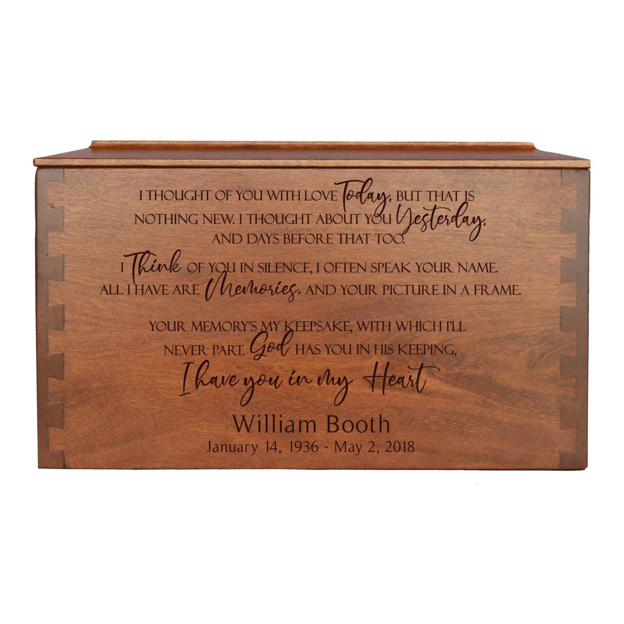 Custom Wooden Cremation Urn Box Extra Large for Human Ashes holds 473 cu in I Thought Of You - LifeSong Milestones