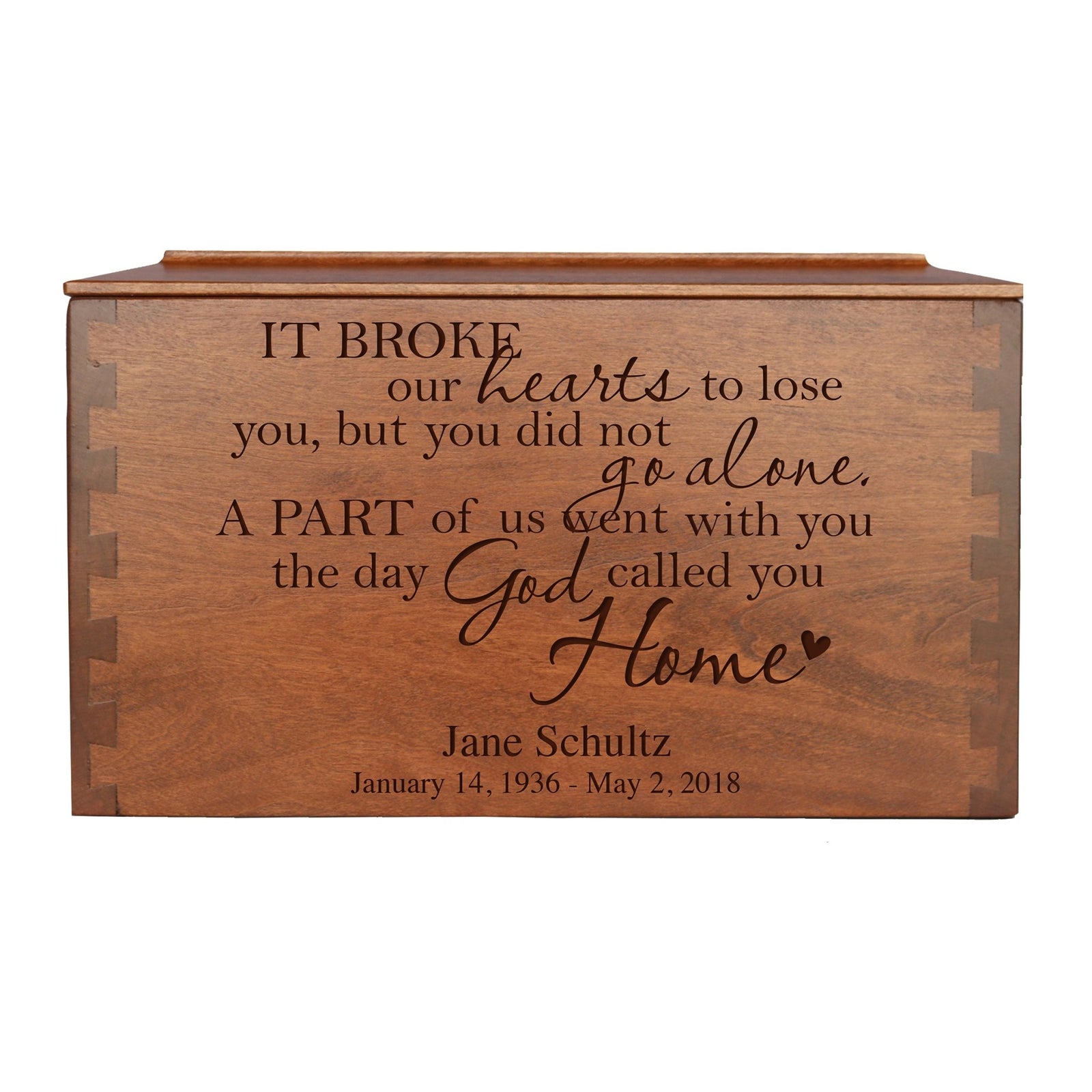 Custom Wooden Cremation Urn Box Extra Large for Human Ashes holds 473 cu in It Broke Our Hearts - LifeSong Milestones