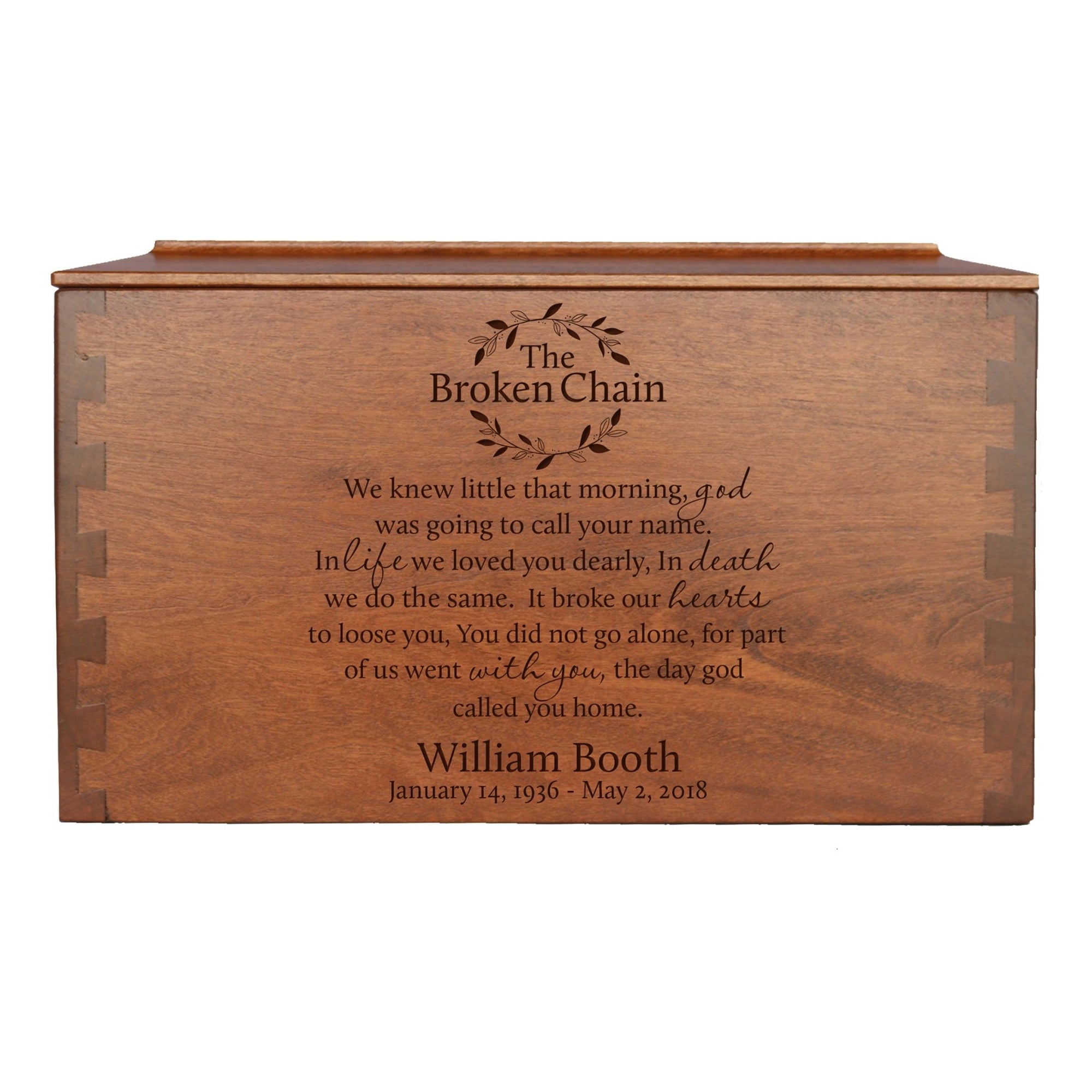 Custom Wooden Cremation Urn Box Extra Large for Human Ashes holds 473 cu in The Broken Chain - LifeSong Milestones
