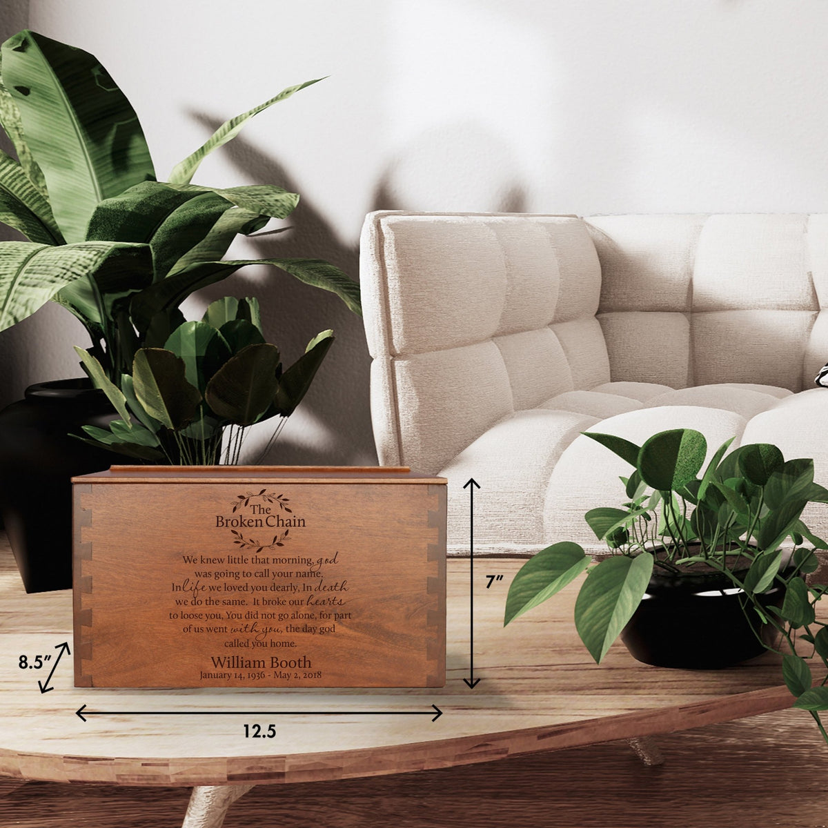 Custom Wooden Cremation Urn Box Extra Large for Human Ashes holds 473 cu in The Broken Chain - LifeSong Milestones