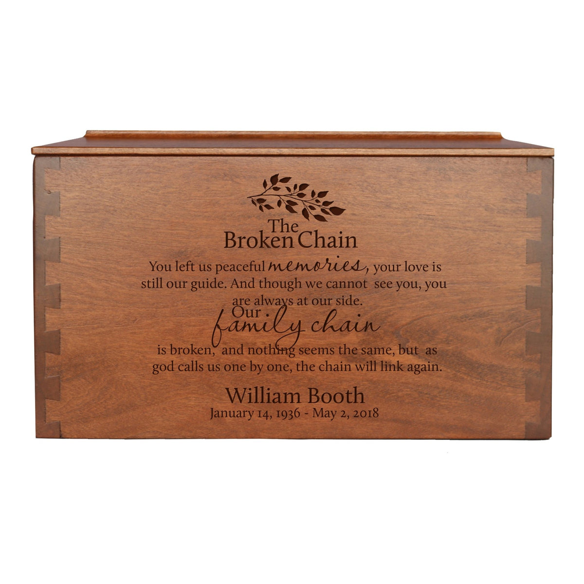 Custom Wooden Cremation Urn Box Extra Large for Human Ashes holds 473 cu in The Broken Chain (leaves) - LifeSong Milestones