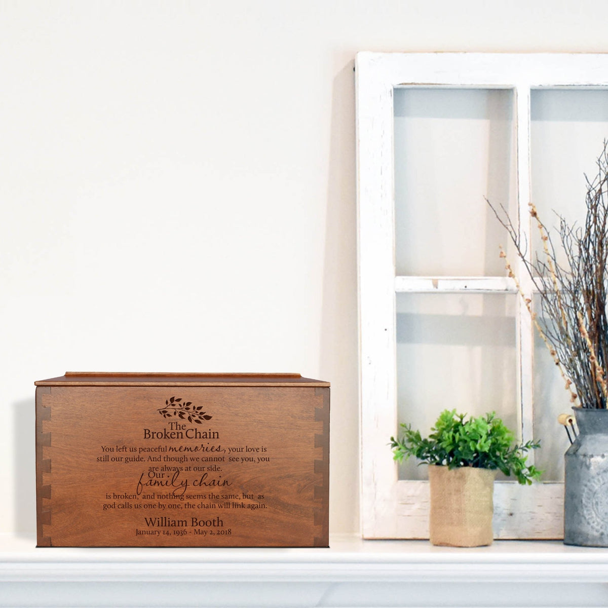 Custom Wooden Cremation Urn Box Extra Large for Human Ashes holds 473 cu in The Broken Chain (leaves) - LifeSong Milestones