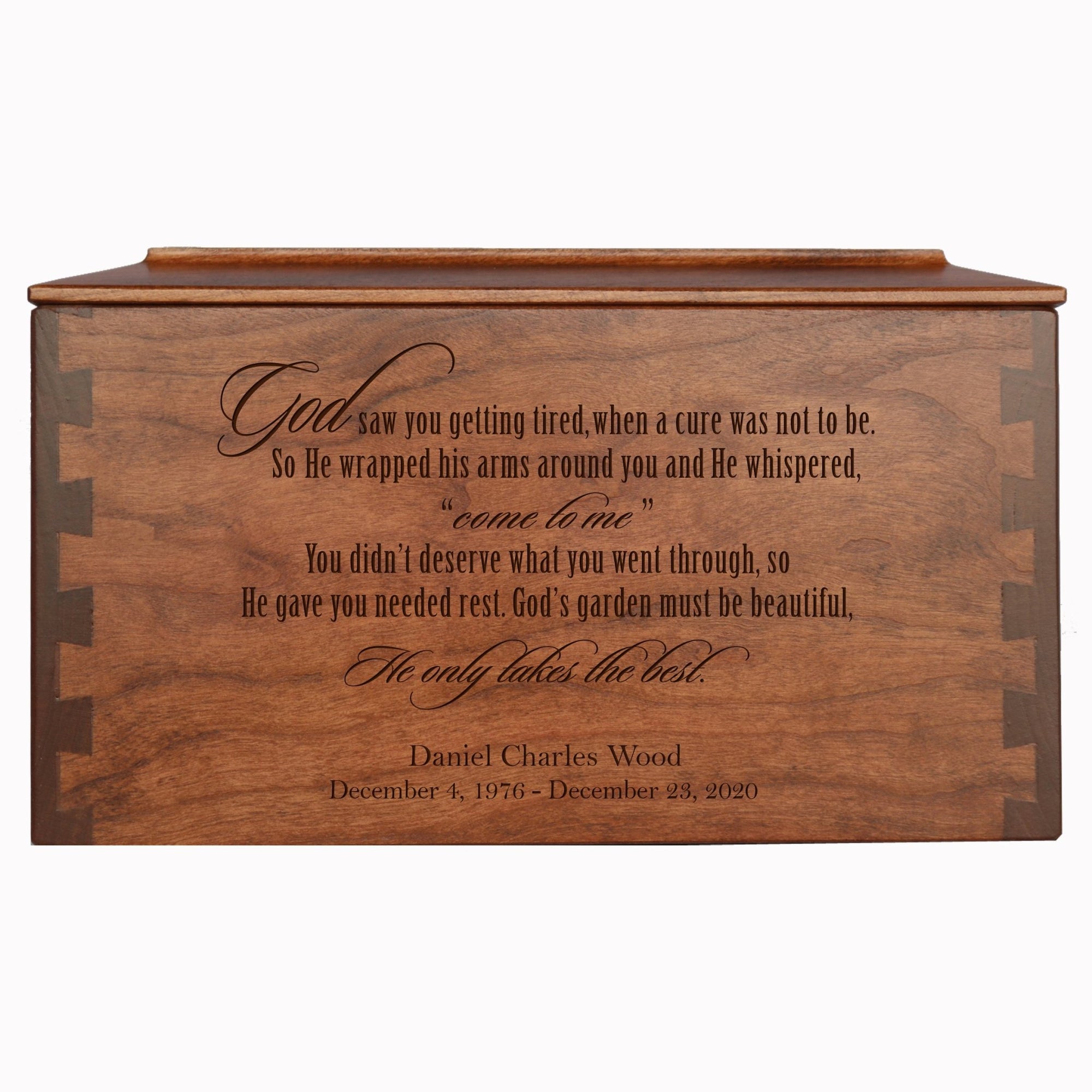 Custom Wooden Cremation Urn Box Large for Human Ashes holds 146 cu in - God Saw You Getting Tired - LifeSong Milestones