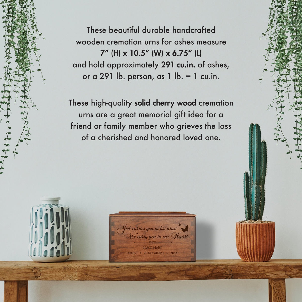 Custom Wooden Cremation Urn Box Large for Human Ashes holds 291 cu in God Carries You - LifeSong Milestones