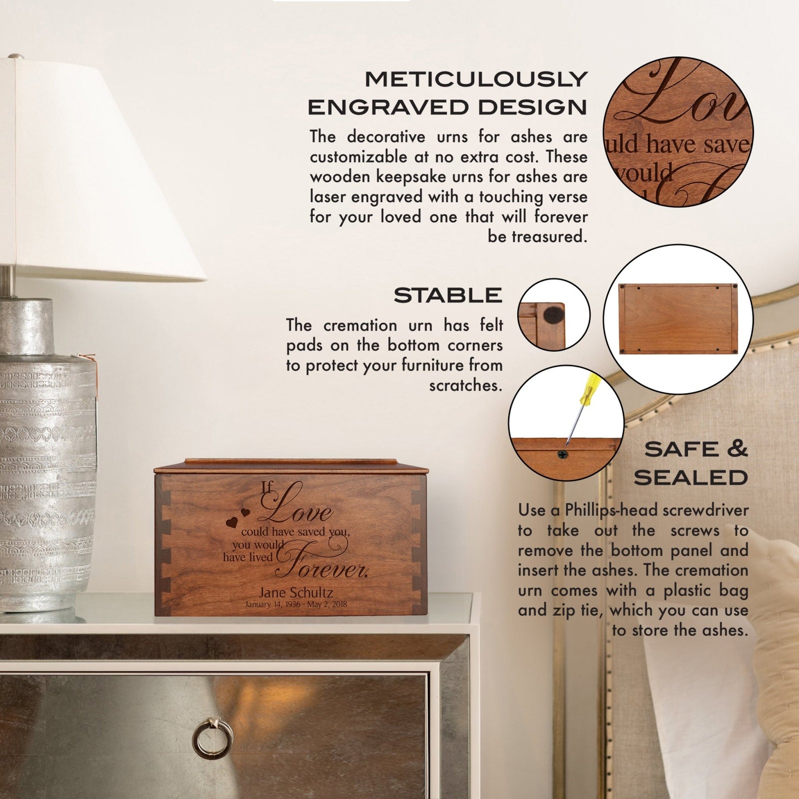 Custom Wooden Cremation Urn Box Large for Human Ashes holds 291 cu in If Love Could Have - LifeSong Milestones