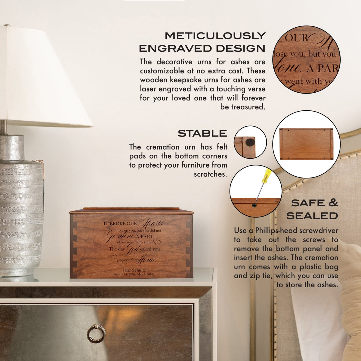 Custom Wooden Cremation Urn Box Large for Human Ashes holds 291 cu in It Broke Our Hearts 2 - LifeSong Milestones