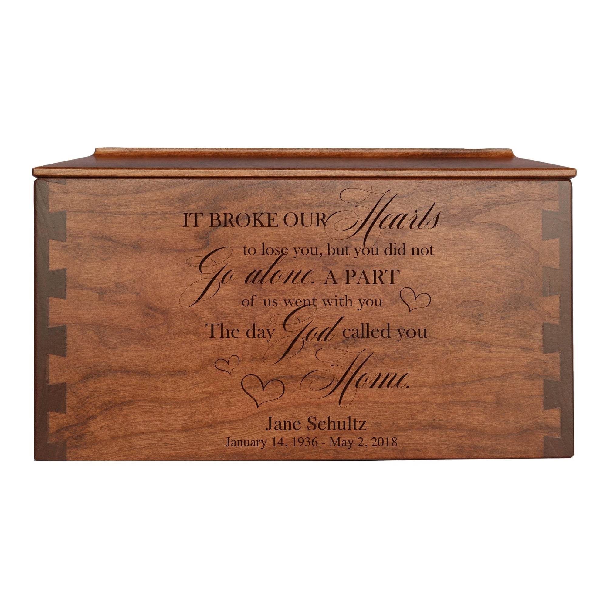 Custom Wooden Cremation Urn Box Large for Human Ashes holds 291 cu in It Broke Our Hearts 2 - LifeSong Milestones