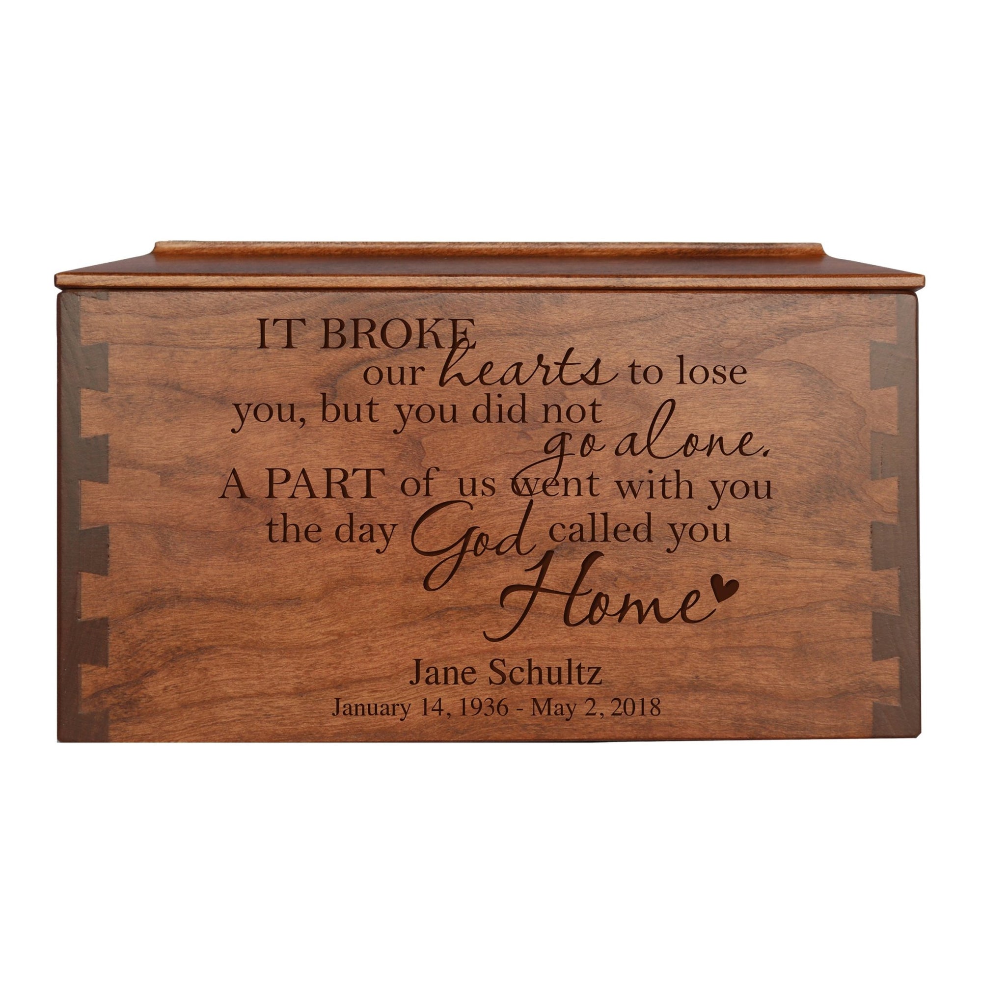 Custom Wooden Cremation Urn Box Large for Human Ashes holds 291 cu in It Broke Our Hearts - LifeSong Milestones