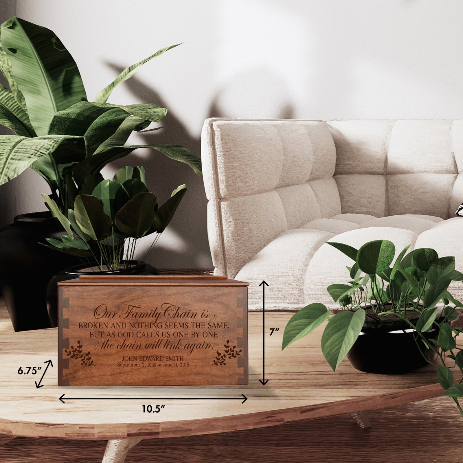 Custom Wooden Cremation Urn Box Large for Human Ashes holds 291 cu in Our Family Chain - LifeSong Milestones