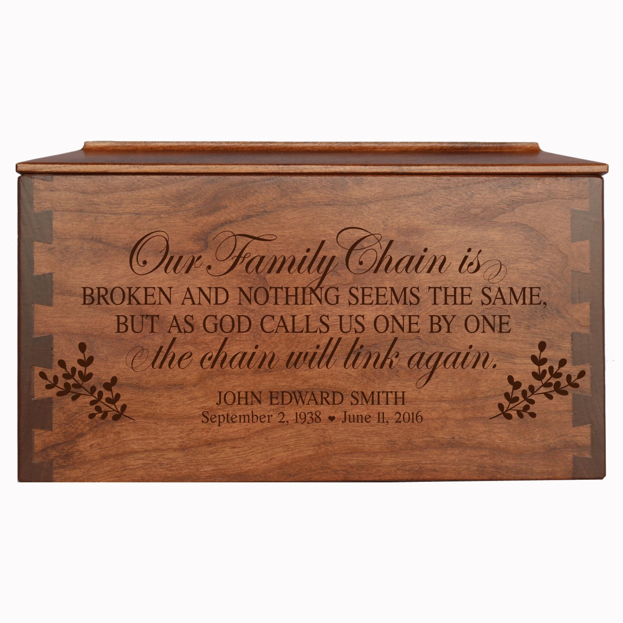 Custom Wooden Cremation Urn Box Large for Human Ashes holds 291 cu in Our Family Chain - LifeSong Milestones