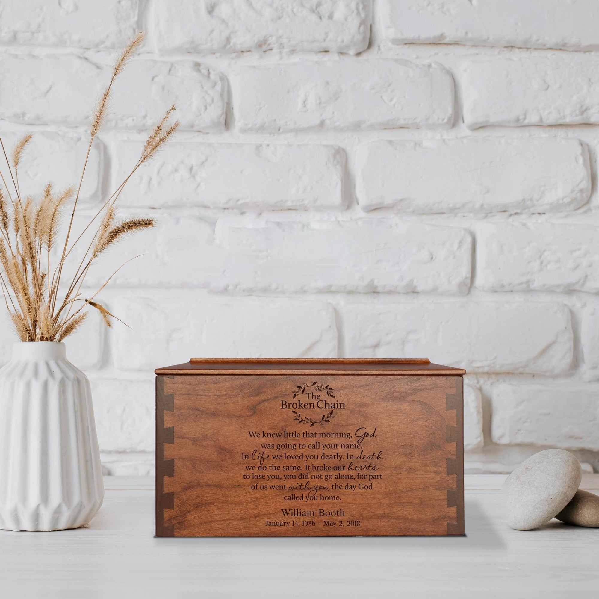 Custom Wooden Cremation Urn Box Large for Human Ashes holds 291 cu in The Broken Chain - LifeSong Milestones
