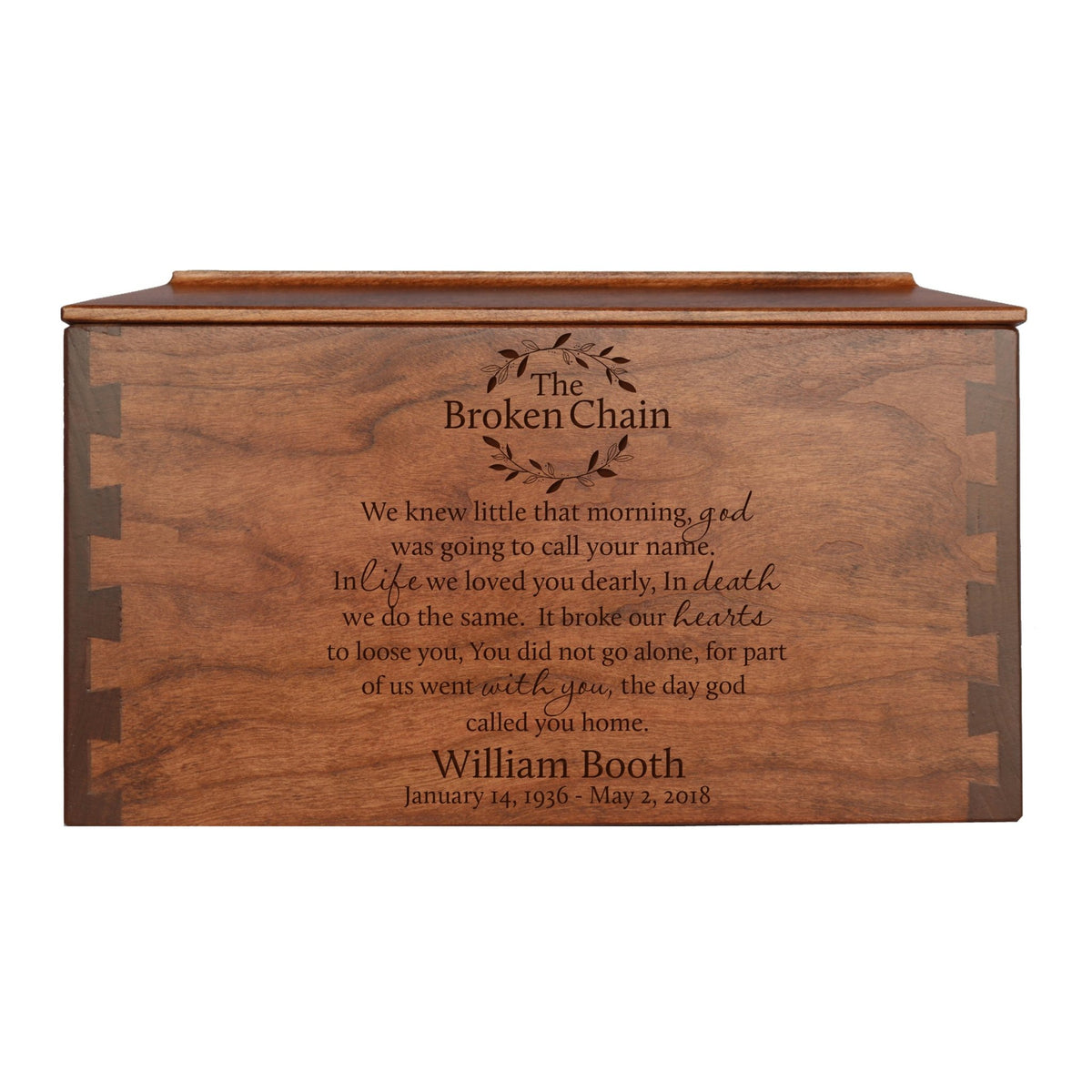 Custom Engraved Large Dovetail Keepsake Urn Box for Adult Ashes 
