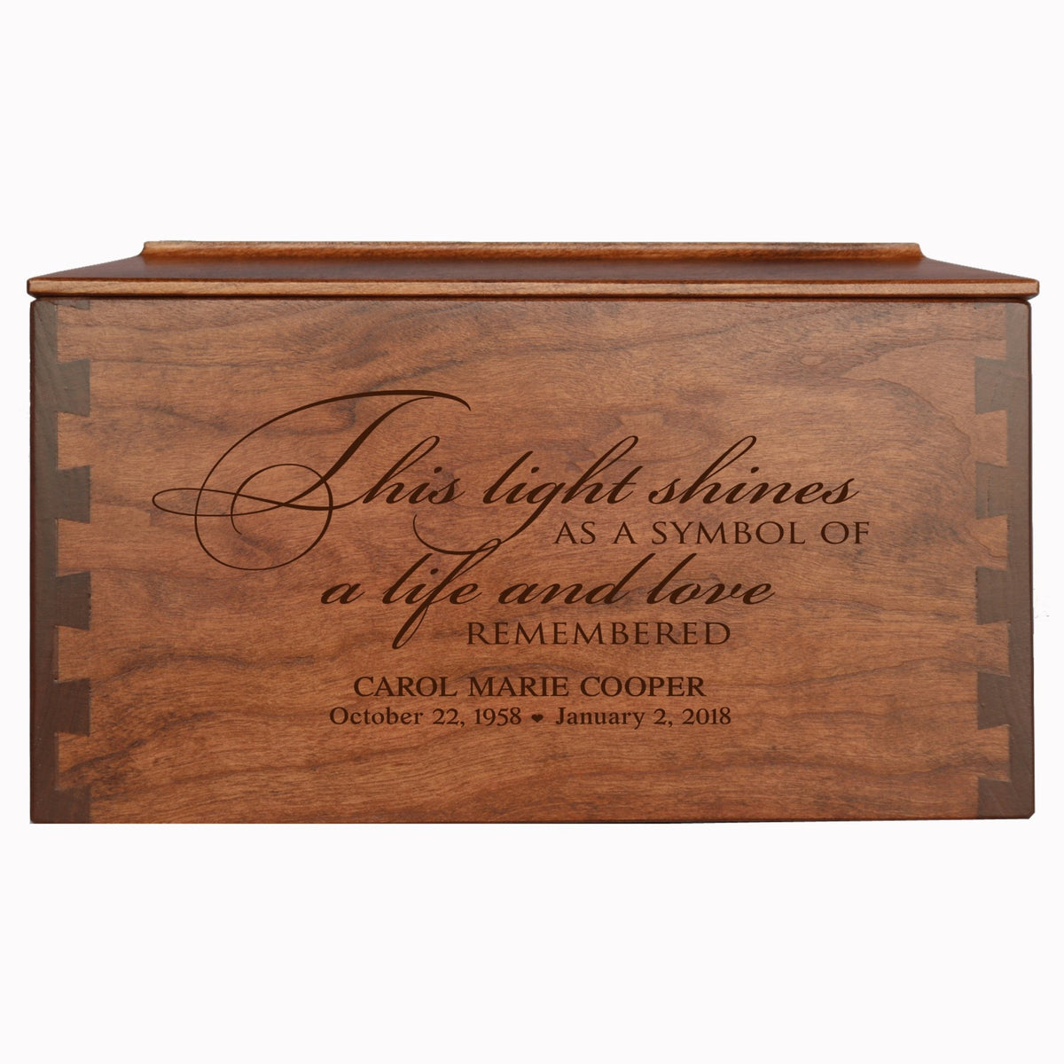 Custom Wooden Cremation Urn Box Large for Human Ashes holds 291 cu in This Light Shines - LifeSong Milestones
