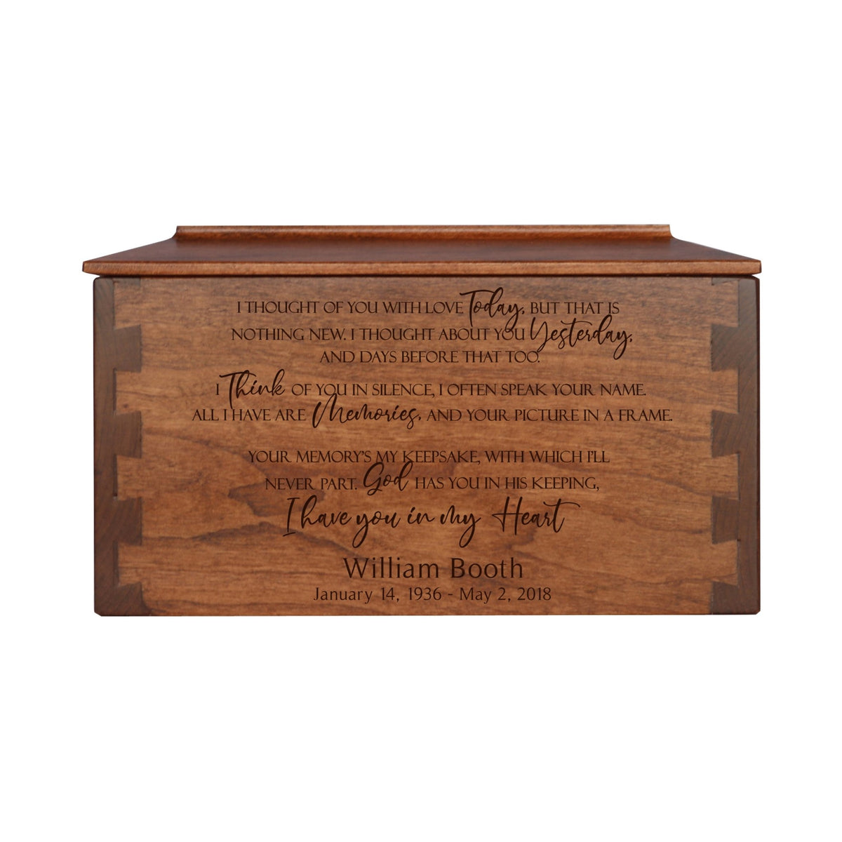 Custom Wooden Cremation Urn Box Medium for Human Ashes holds 146 cu in I Thought Of You - LifeSong Milestones