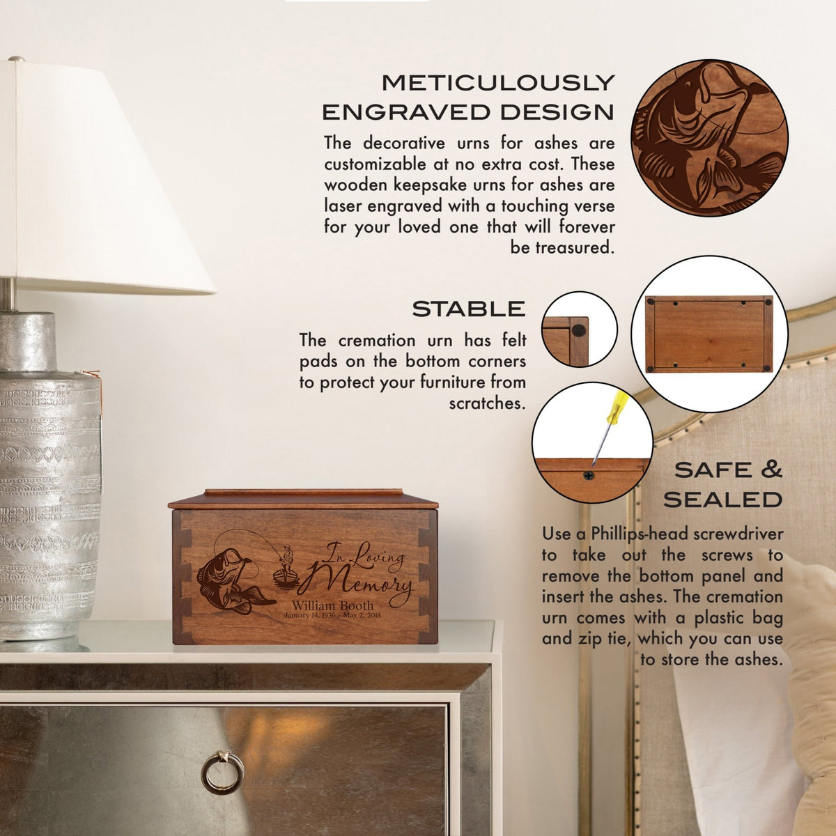 Custom Wooden Cremation Urn Box Medium for Human Ashes holds 146 cu in In Loving Memory - LifeSong Milestones