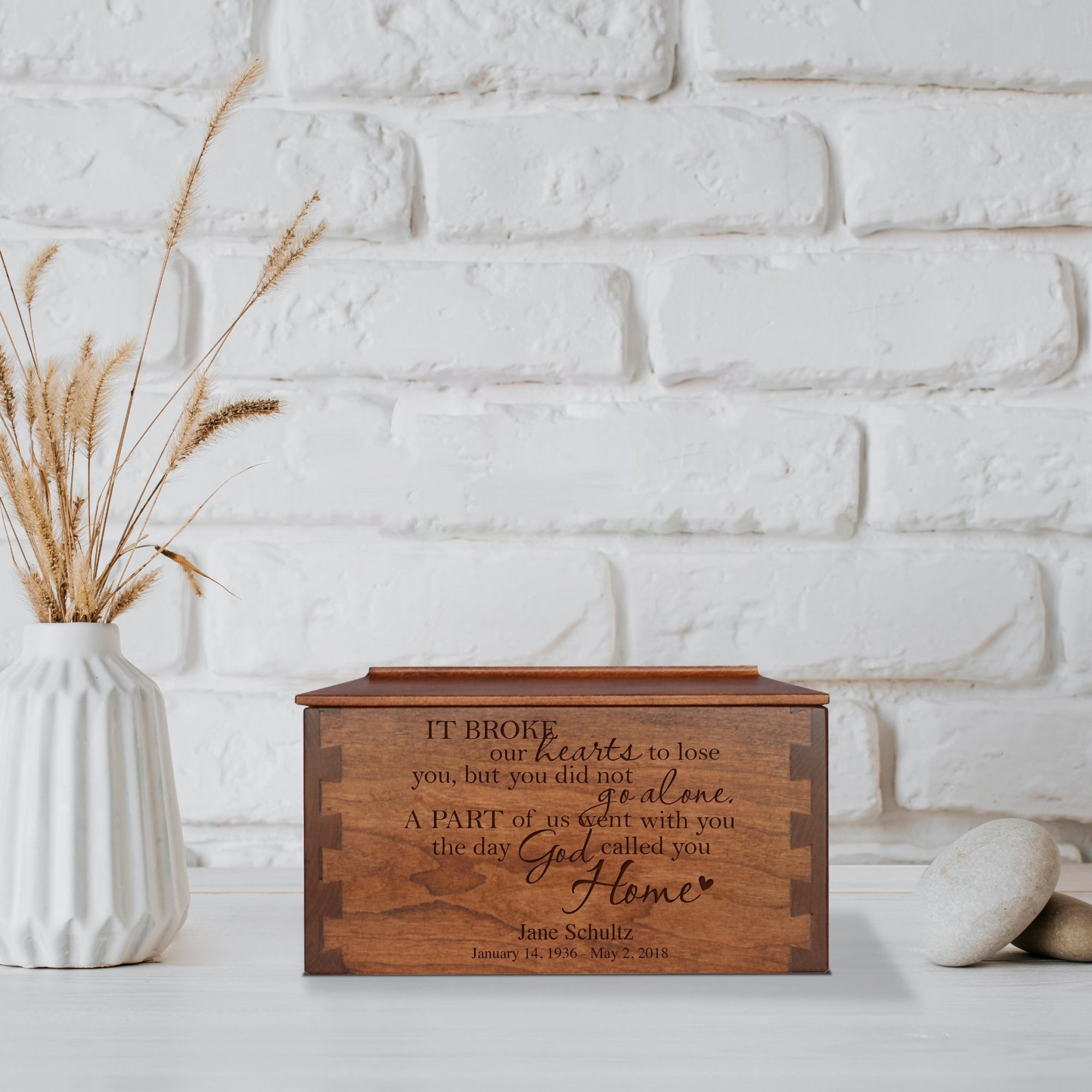 Custom Wooden Cremation Urn Box Medium for Human Ashes holds 146 cu in It Broke Our Hearts - LifeSong Milestones