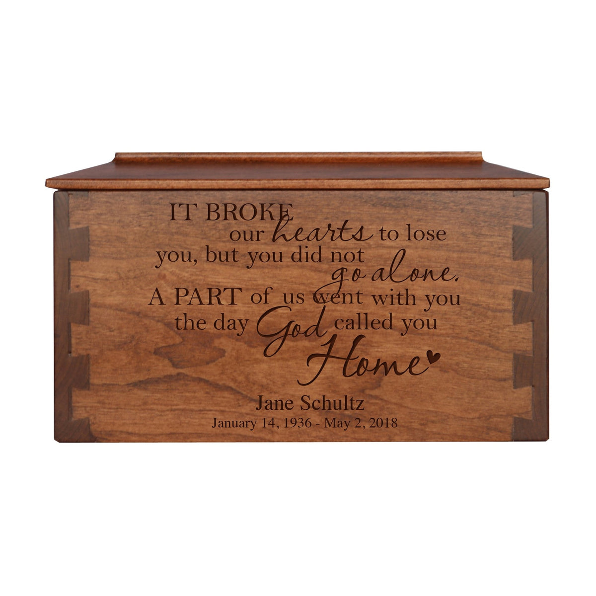 Custom Wooden Cremation Urn Box Medium for Human Ashes holds 146 cu in It Broke Our Hearts - LifeSong Milestones