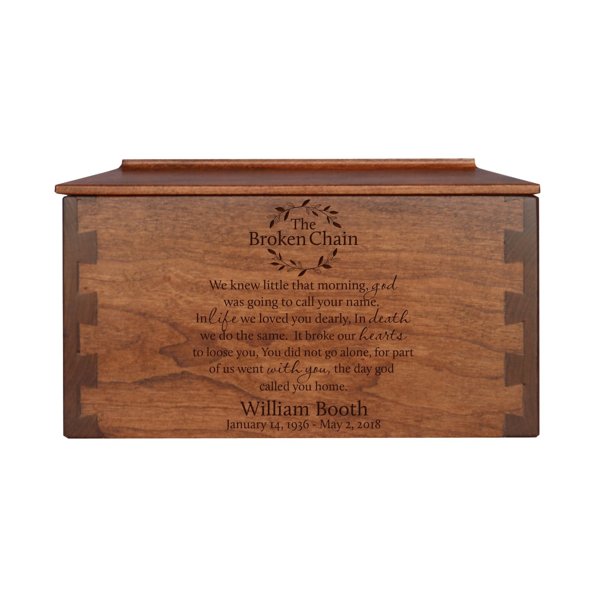 Custom Wooden Cremation Urn Box Medium for Human Ashes holds 146 cu in The Broken Chain - LifeSong Milestones