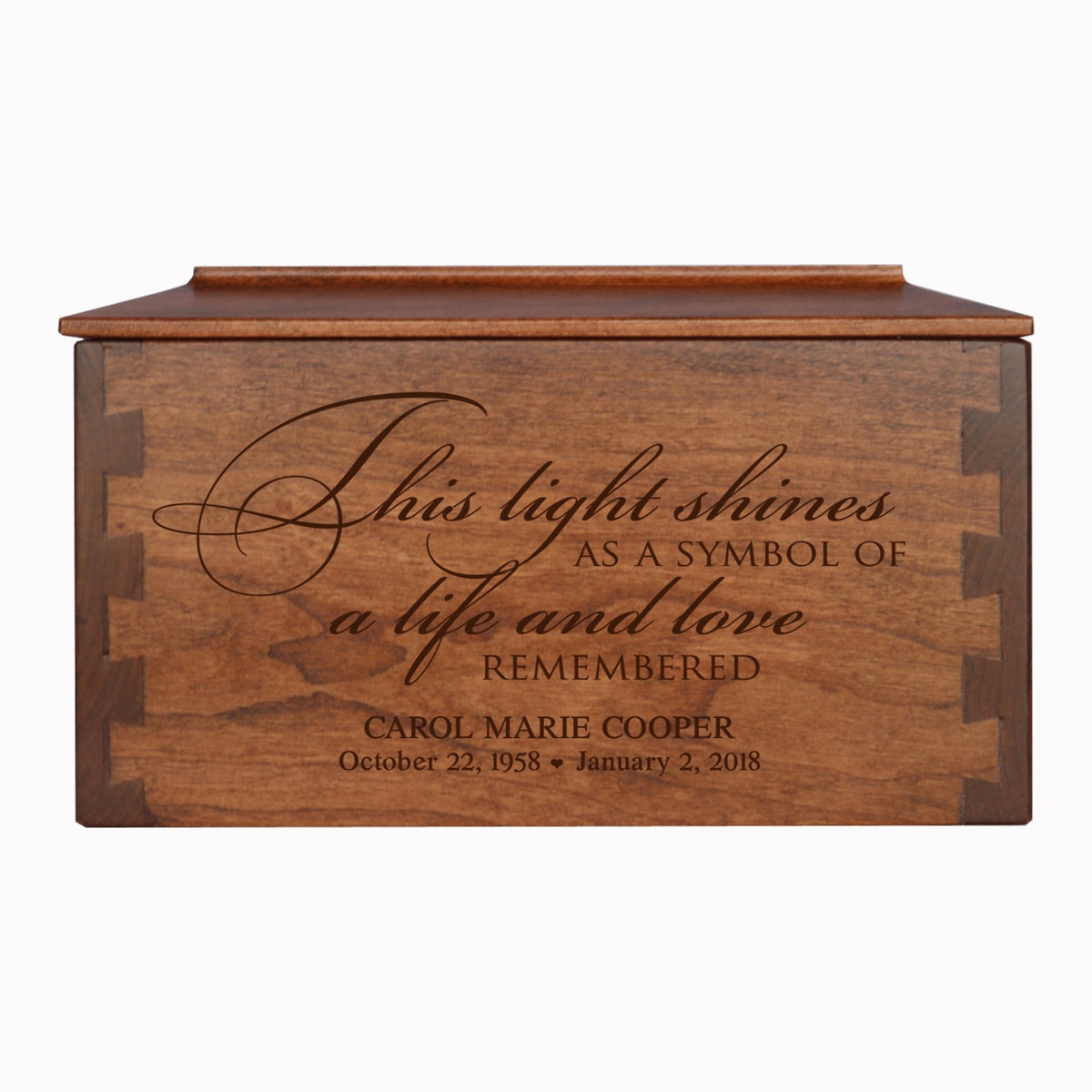 Custom Wooden Cremation Urn Box Medium for Human Ashes holds 146 cu in This Light Shines - LifeSong Milestones