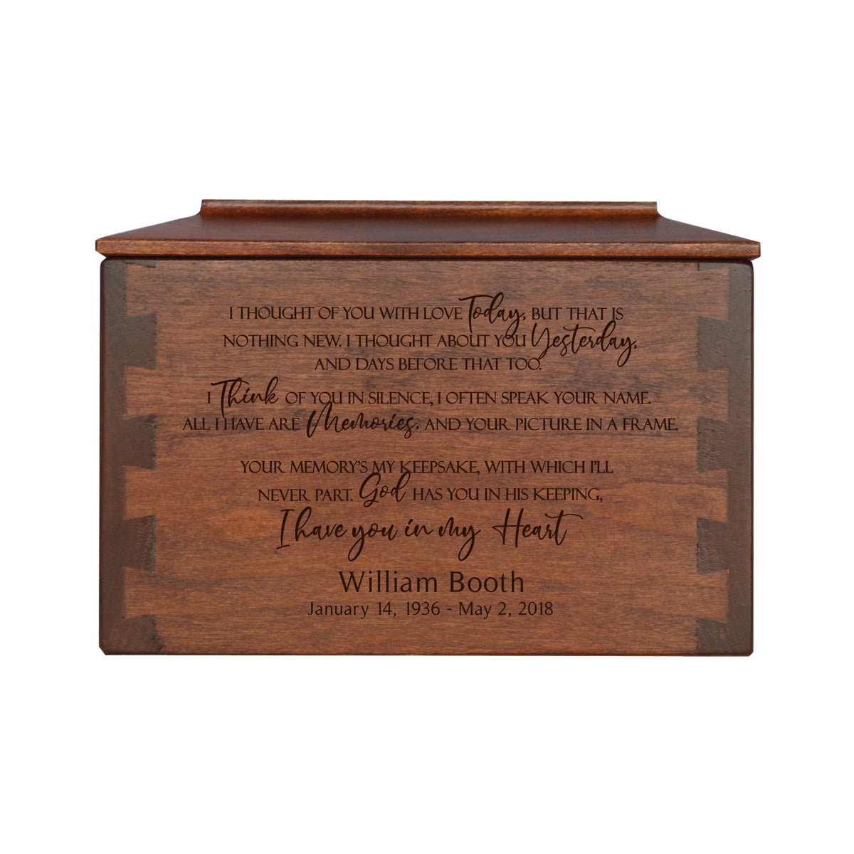 Custom Wooden Cremation Urn Box Small for Human Ashes holds 68 cu in I Thought Of You - LifeSong Milestones