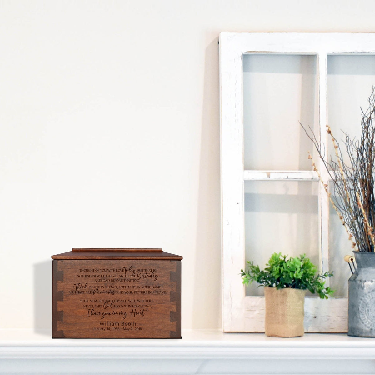 Custom Wooden Cremation Urn Box Small for Human Ashes holds 68 cu in I Thought Of You - LifeSong Milestones