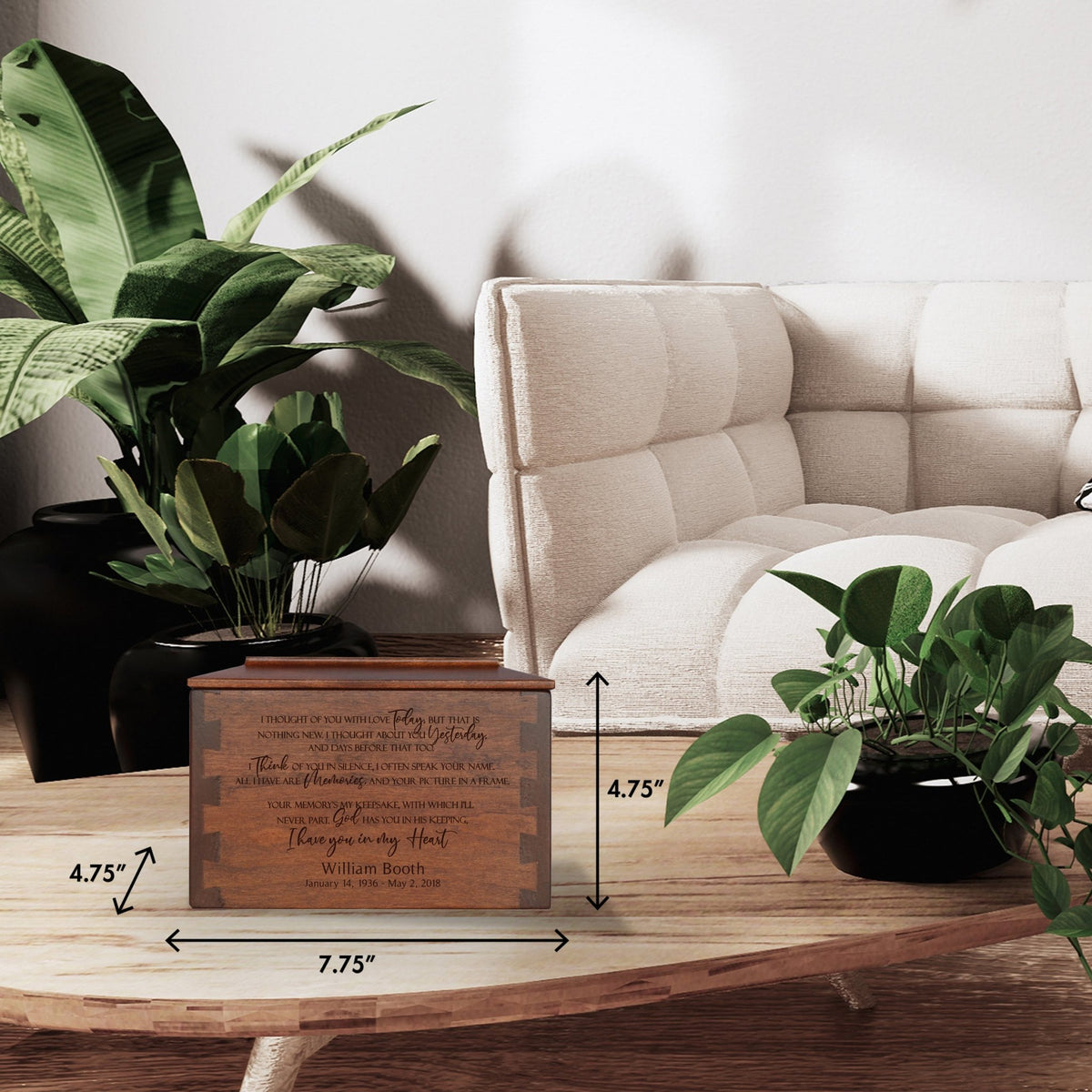 Custom Wooden Cremation Urn Box Small for Human Ashes holds 68 cu in I Thought Of You - LifeSong Milestones