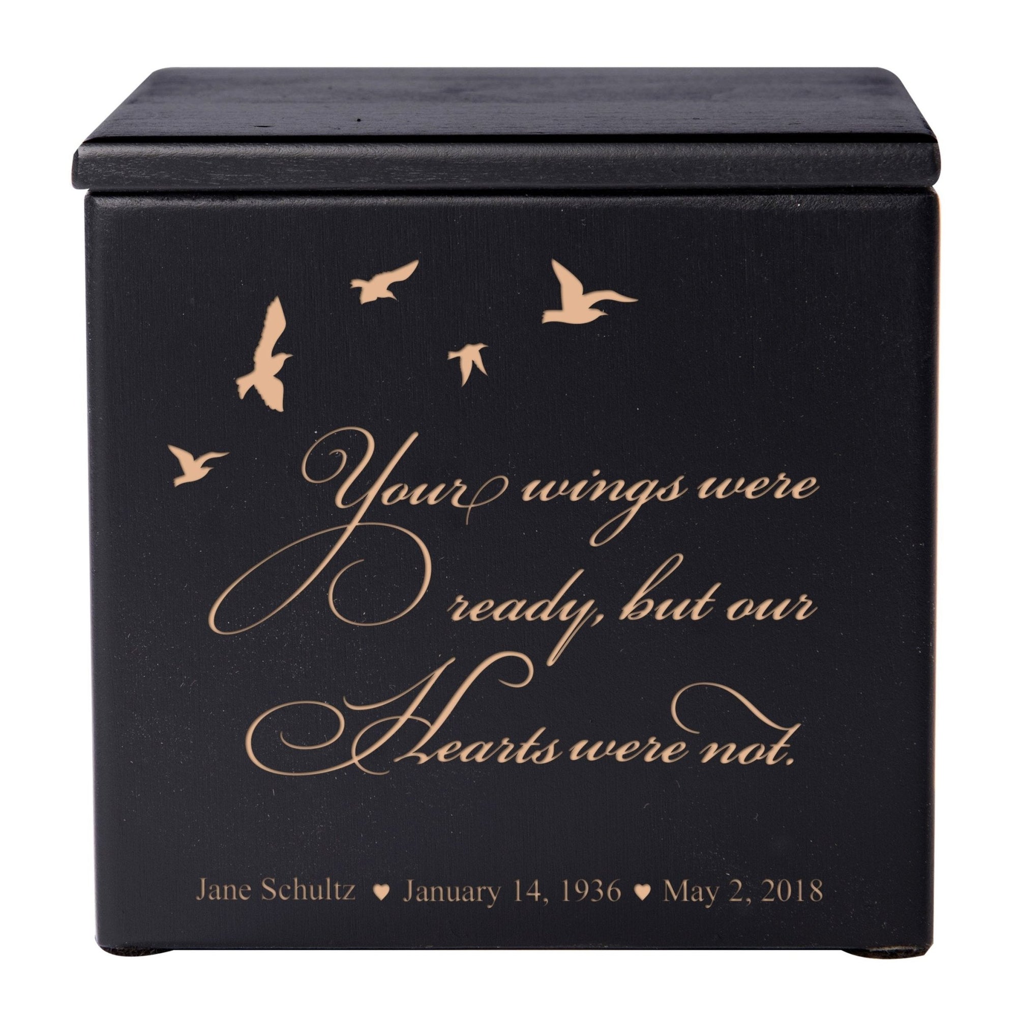 Custom Wooden Cremation Urn Box Your Wings Were Ready holds 17 cu in of Human Ashes - LifeSong Milestones