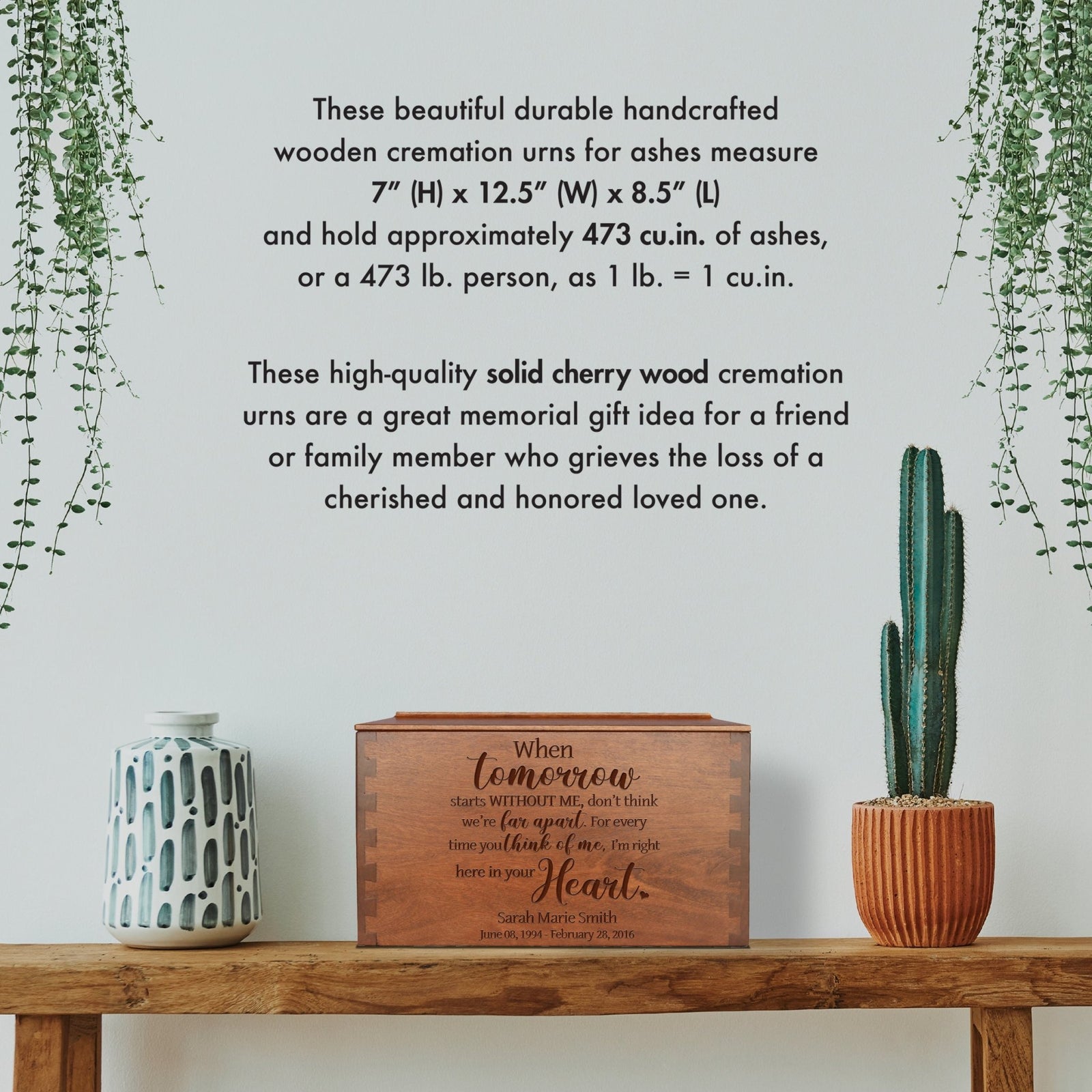 Custom Wooden Cremation Urn for Human Ashes Extra Large Cherry Dovetail When Tomorrow Start - LifeSong Milestones