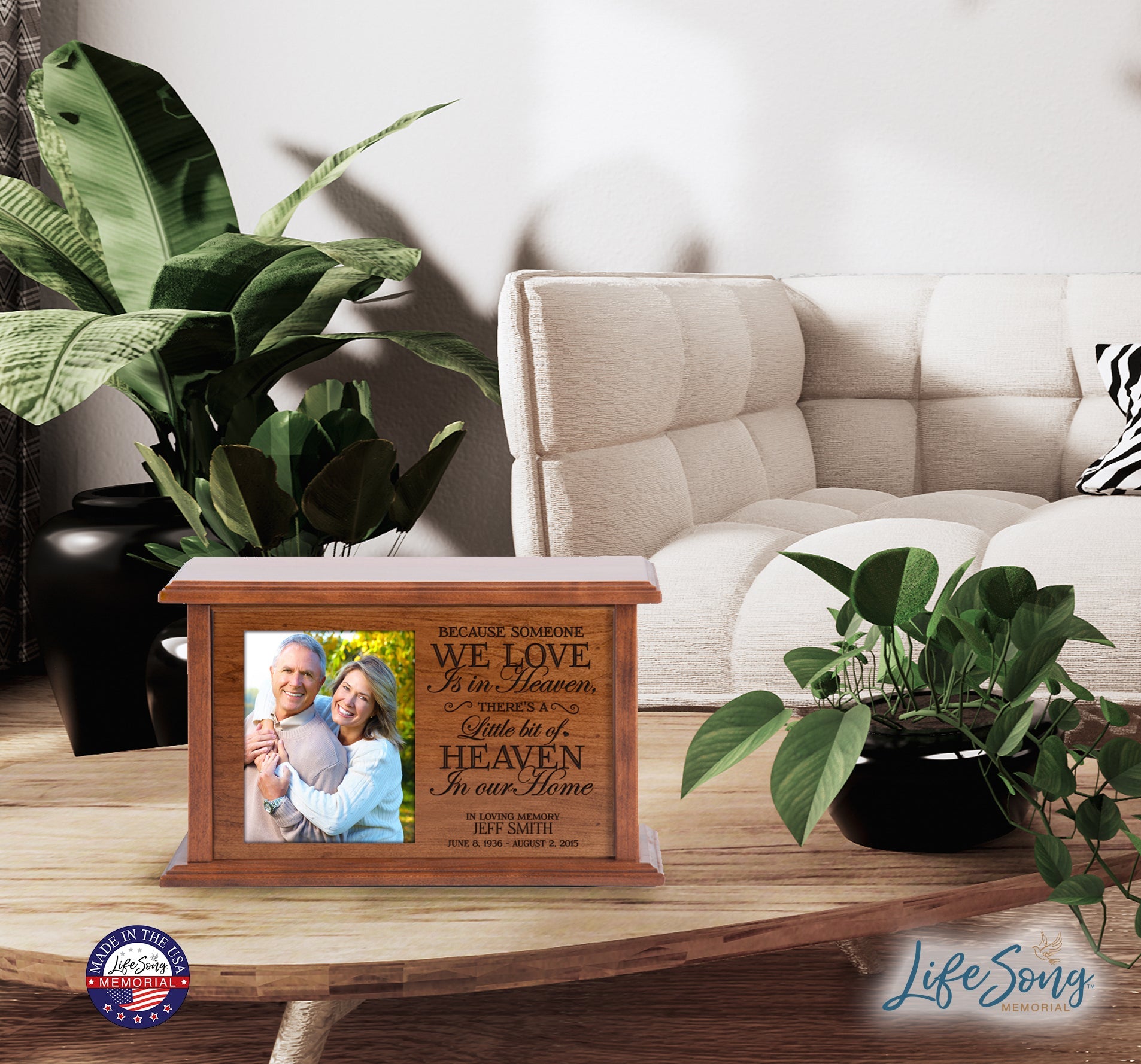 Custom Wooden Cremation Urn with Picture Frame holds 4x5 photo Because Someone - LifeSong Milestones