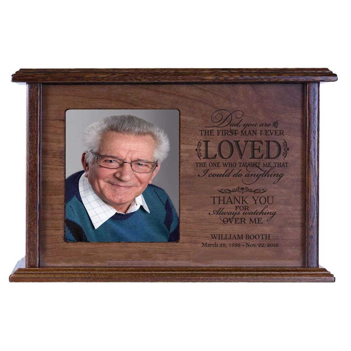 Custom Wooden Cremation Urn with Picture Frame holds 4x5 photo First Man I Loved - LifeSong Milestones