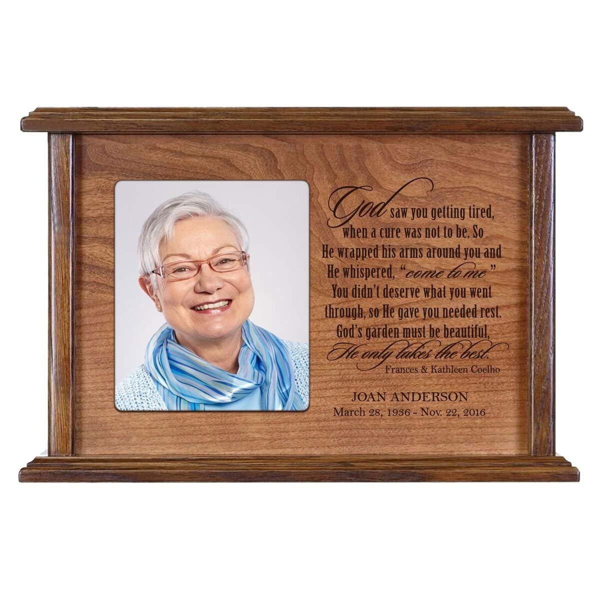 Custom Wooden Cremation Urn with Picture Frame holds 4x5 photo God Saw You Getting Tired (Cherry) - LifeSong Milestones
