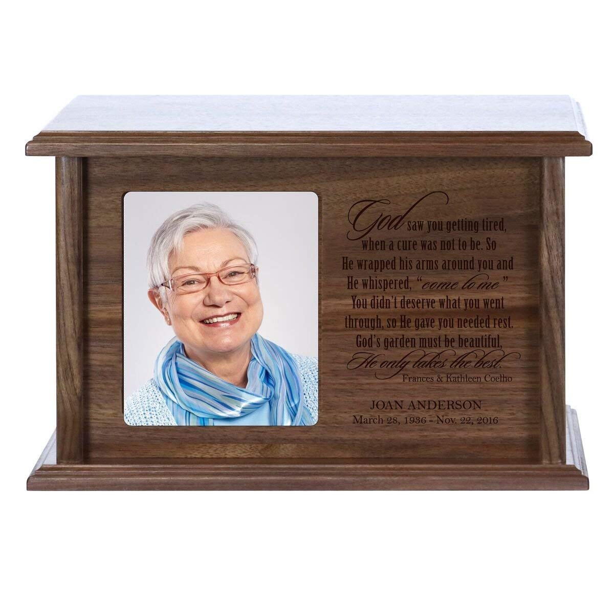 Custom Wooden Cremation Urn with Picture Frame holds 4x5 photo God Saw You Getting Tired (Oak) - LifeSong Milestones