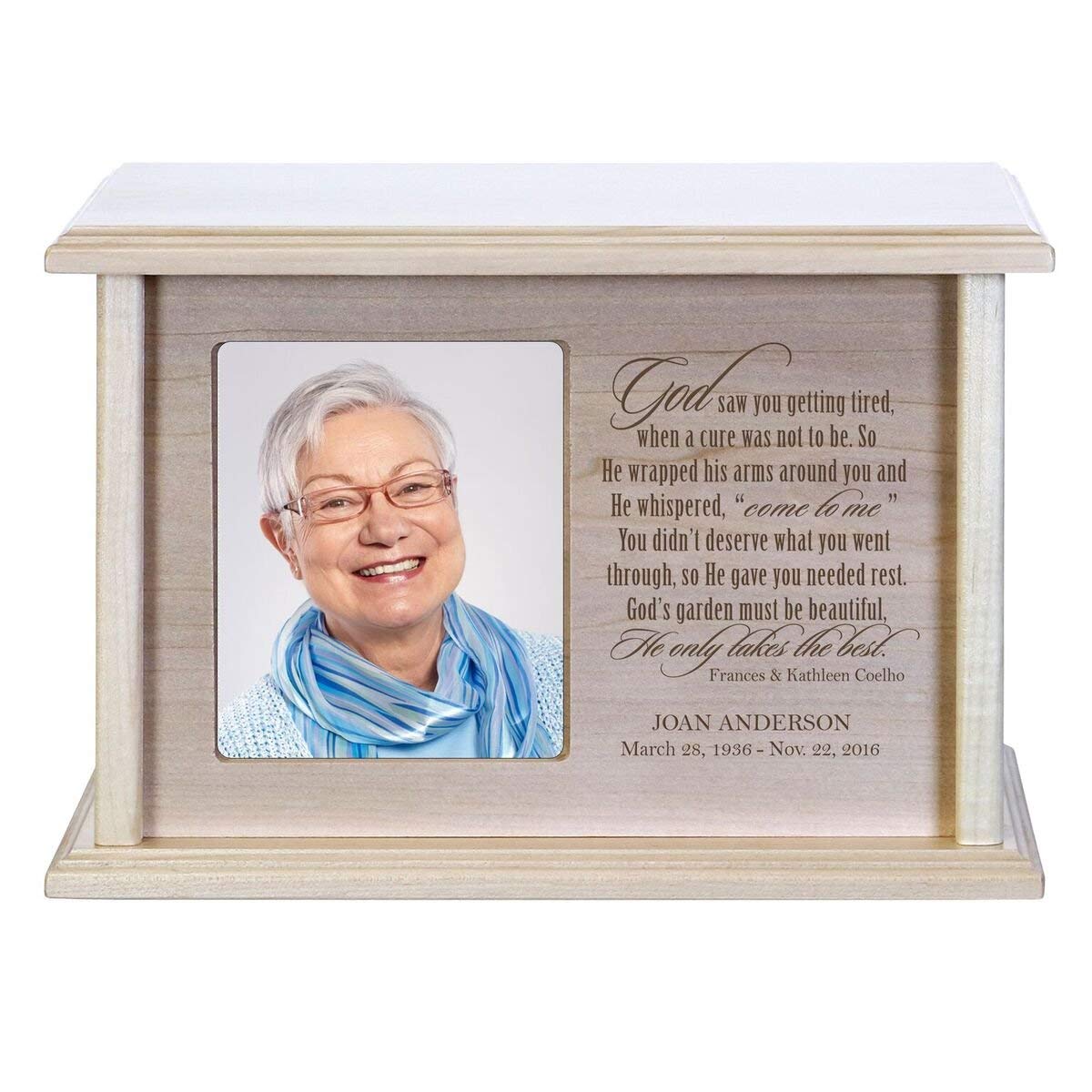 Custom Wooden Cremation Urn with Picture Frame holds 4x5 photo God Saw You Getting Tired (Poem) - LifeSong Milestones
