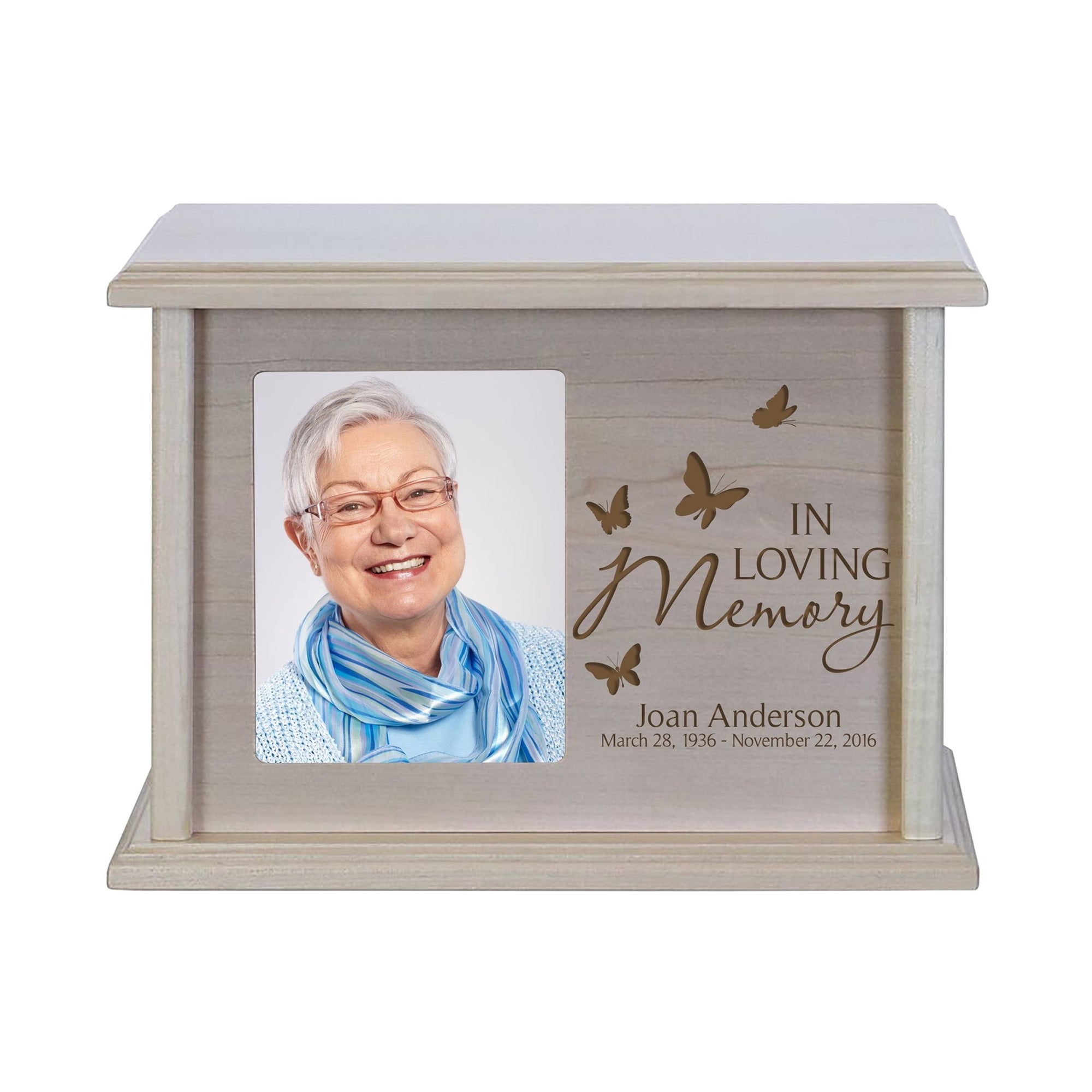 Custom Wooden Cremation Urn with Picture Frame holds 4x5 photo In Loving Memory (Butterflies) - LifeSong Milestones