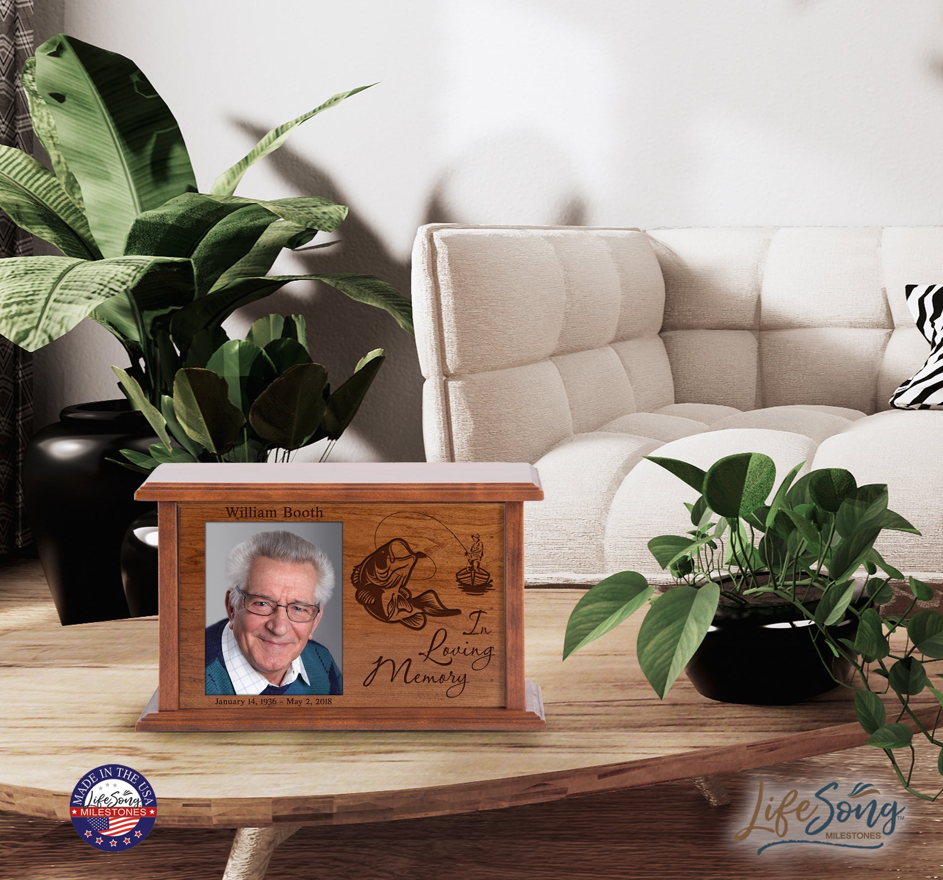Custom Wooden Cremation Urn with Picture Frame holds 4x5 photo In Loving Memory (Fish) - LifeSong Milestones