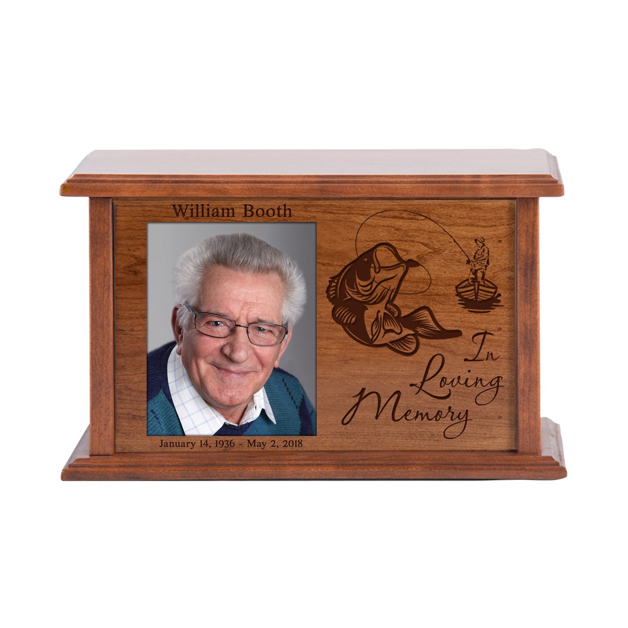 Custom Wooden Cremation Urn with Picture Frame holds 4x5 photo In Loving Memory (Fish) - LifeSong Milestones