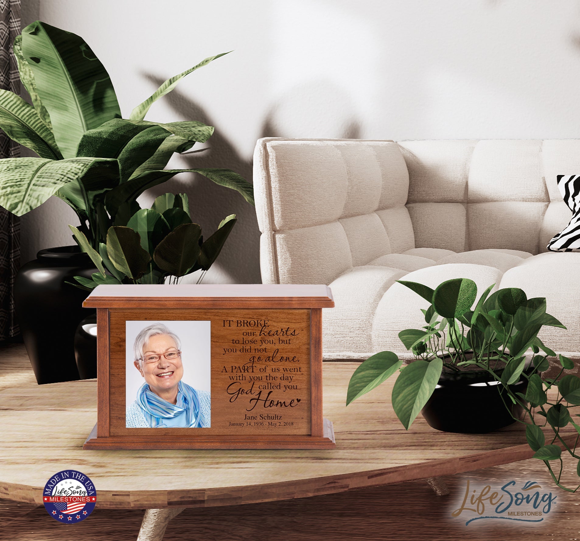 Custom Wooden Cremation Urn with Picture Frame holds 4x5 photo It Broke Our Hearts (Poem) - LifeSong Milestones
