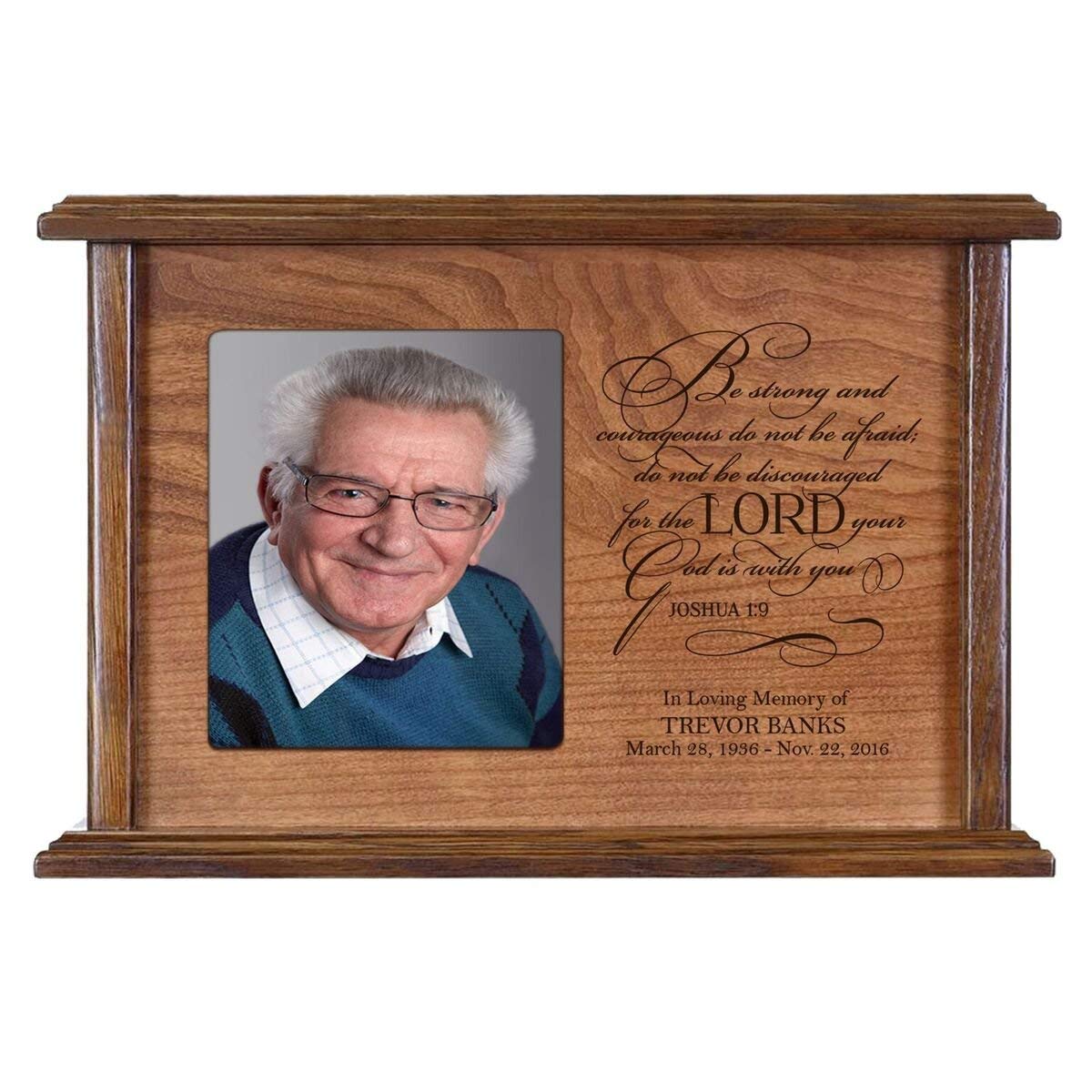 Custom Wooden Cremation Urn with Picture Frame holds 4x5 photo Joshua 1:9 - LifeSong Milestones