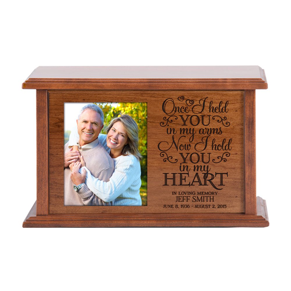 Custom Wooden Cremation Urn with Picture Frame holds 4x5 photo Once I Held You - LifeSong Milestones