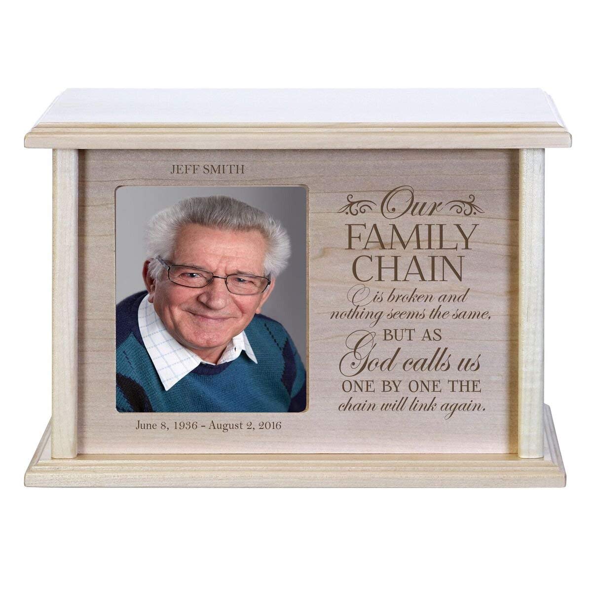 Custom Wooden Cremation Urn with Picture Frame holds 4x5 photo Our Family Chain Is Broken - LifeSong Milestones