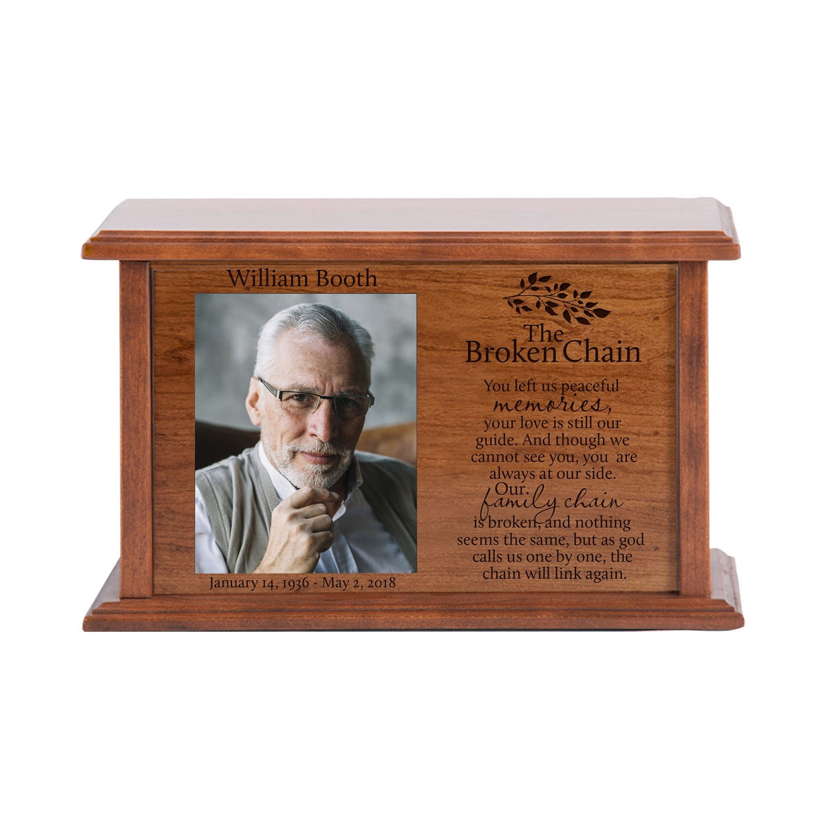 Custom Wooden Cremation Urn with Picture Frame holds 4x5 photo The Broken Chain (Branch) - LifeSong Milestones